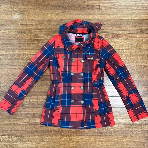 Hurley Plaid Rain Jacket Women's Small Red Blue Double Breasted Hooded Coat - Picture 1 of 9